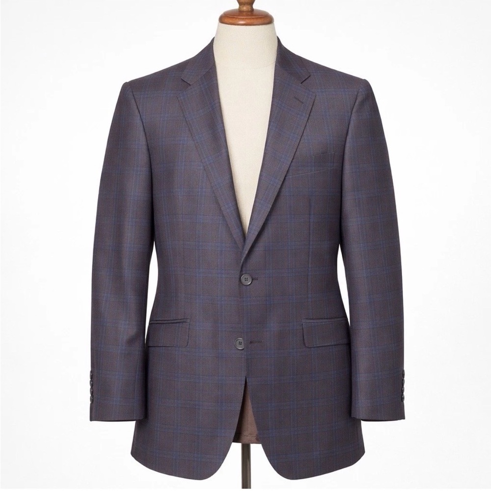 Q Clothier 100% Wool Sport Coat Blazer 40R Blue Purple Plaid Tailored Jacket